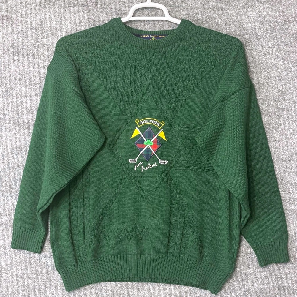 Vintage Blarney Castle Designs Mens Green Golfing Ireland Knit Sweater Medium